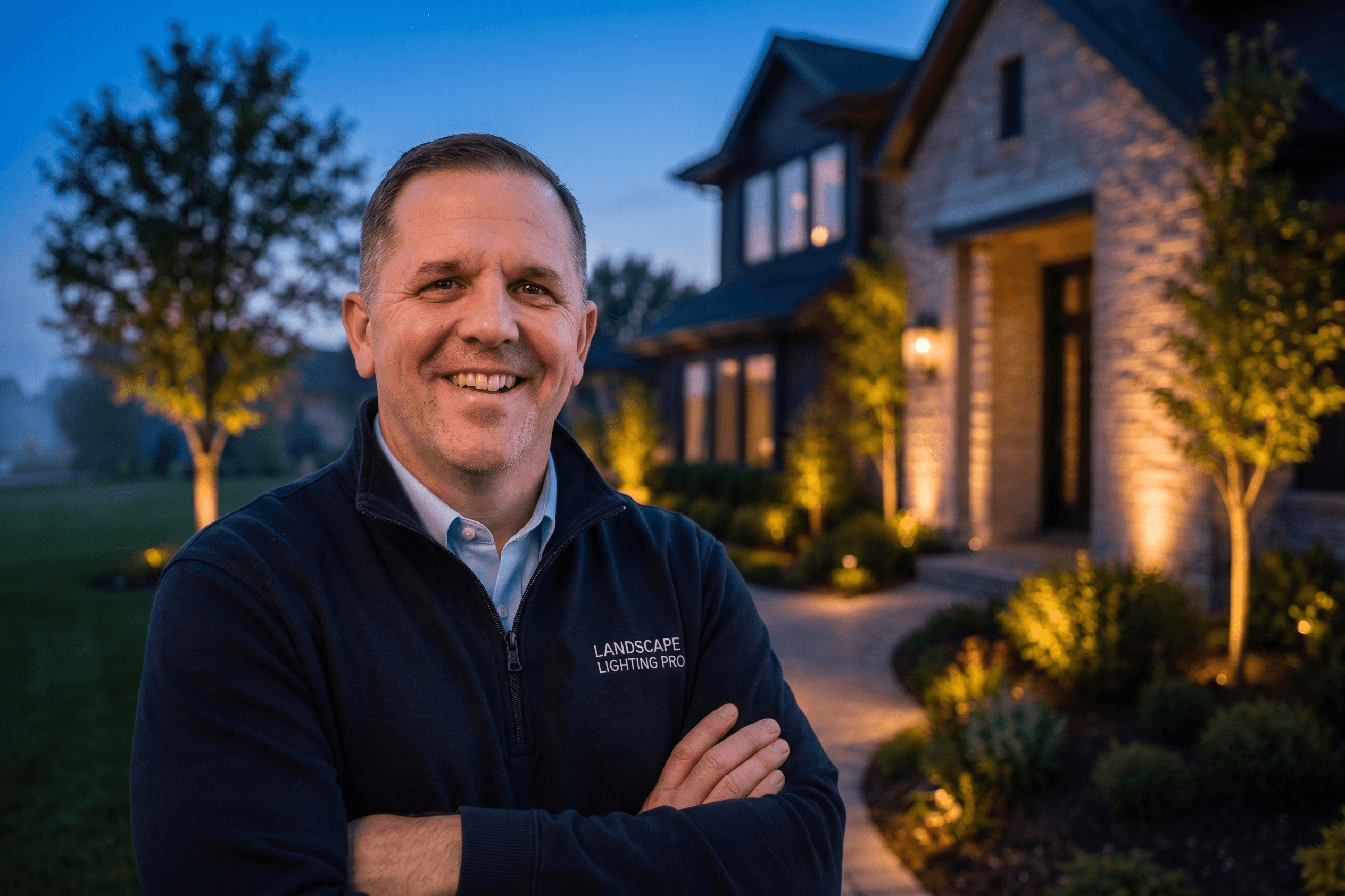 Daniel Whitehead of Landscape Lighting Pro in front of an illuminated home at dusk