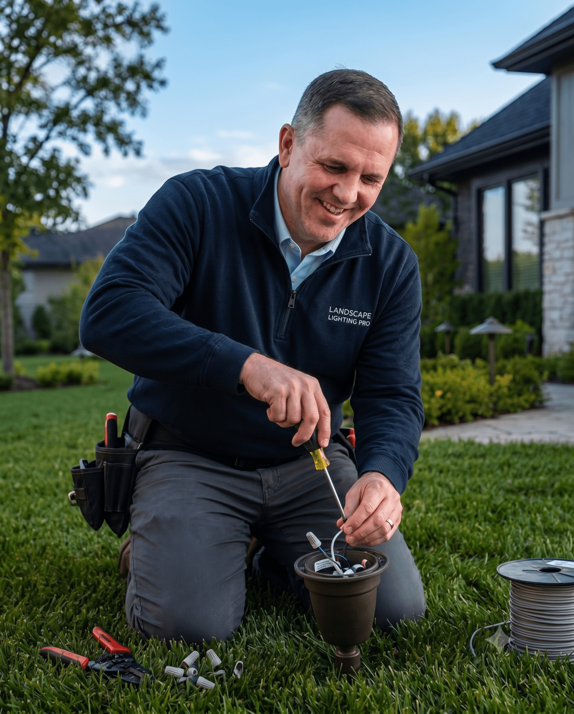 A technician kneeling to wire and set a brass landscape fixture by hand