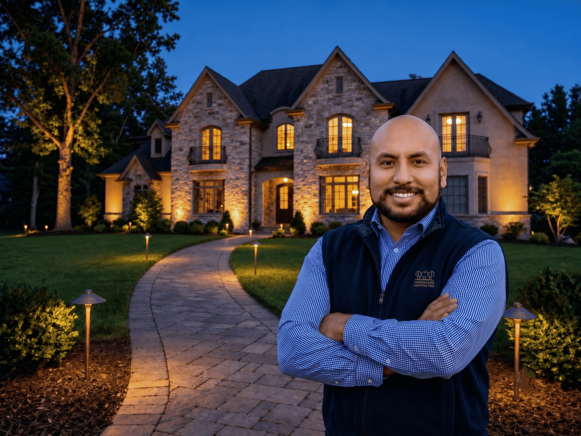 Jorge Hassan, founder of Landscape Lighting Pro, in front of an illuminated home at dusk