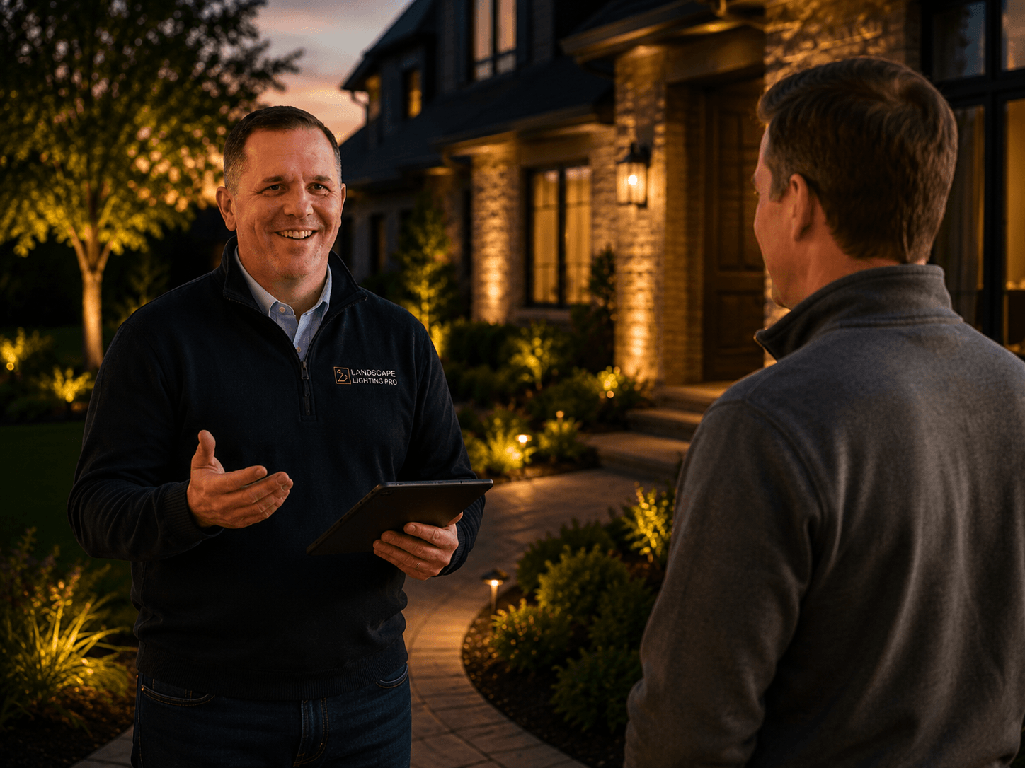 Professional landscape lighting installation on a brick façade at dusk
