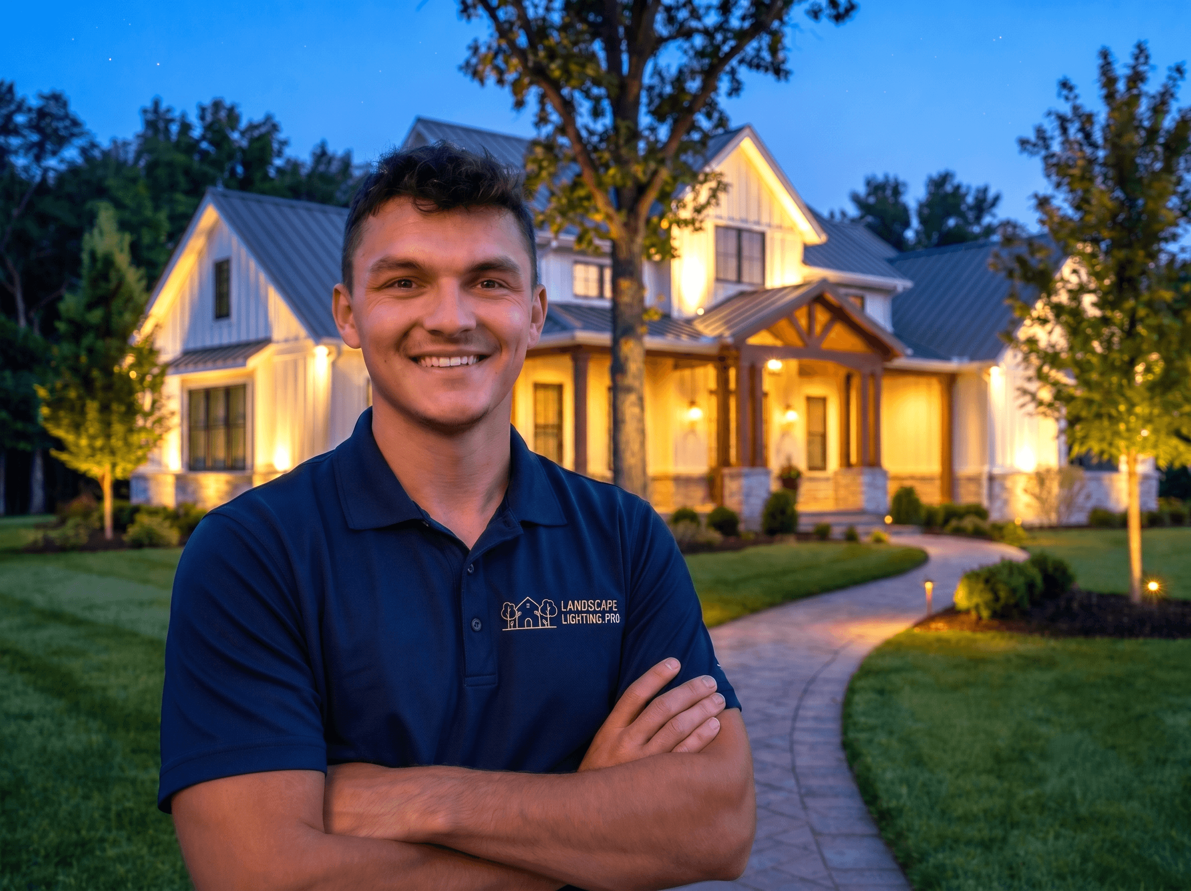Luke Taylor of Landscape Lighting Pro standing in front of an illuminated home at dusk