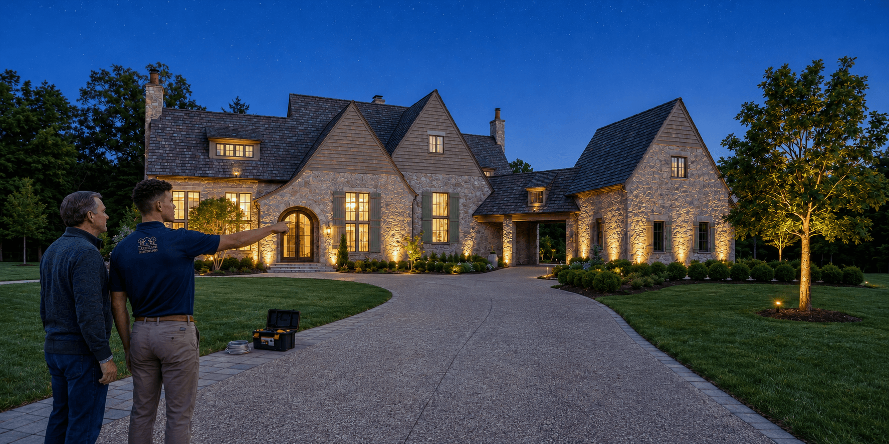 A designer and homeowner looking over a fully illuminated stone home, discussing the lighting plan