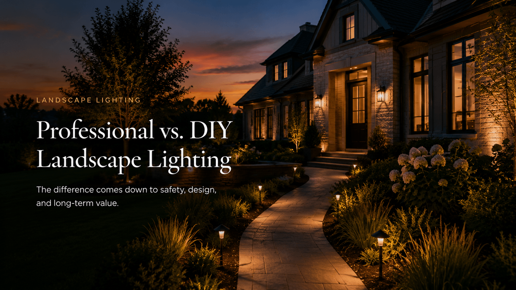 A side-by-side dusk comparison of a DIY landscape lighting install vs. a professionally designed one on similar homes