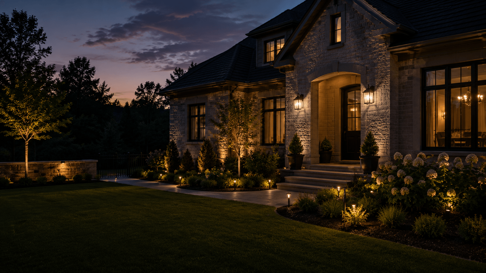 A residential property at dusk with deliberate perimeter and entry lighting eliminating shadows