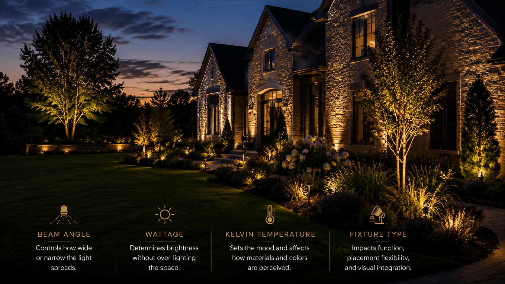A custom landscape lighting design at dusk showing layered uplight, downlight, and accent fixtures