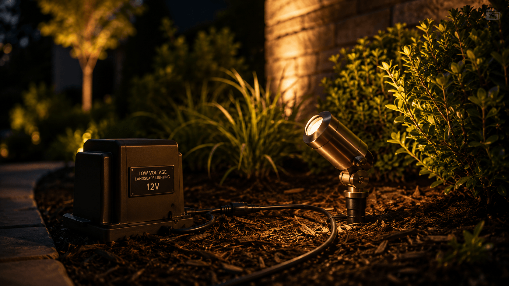 A close-up of a brass low-voltage landscape lighting fixture installed in a planting bed at dusk