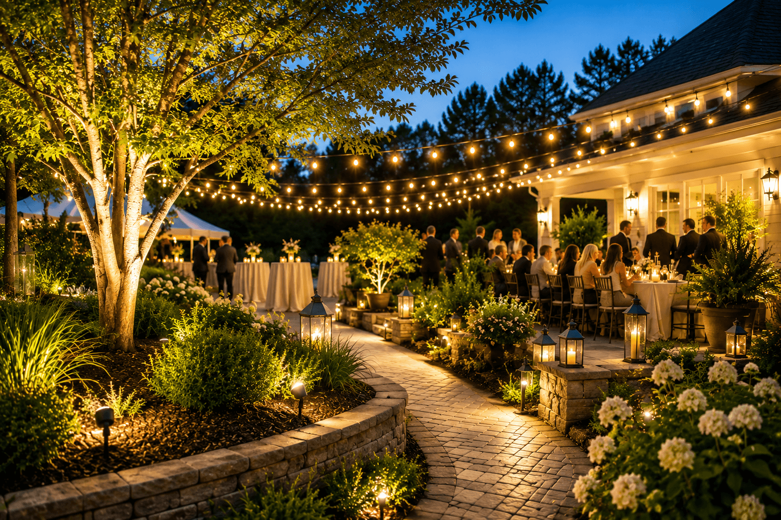 An outdoor wedding reception illuminated with festoon lights and accent uplighting