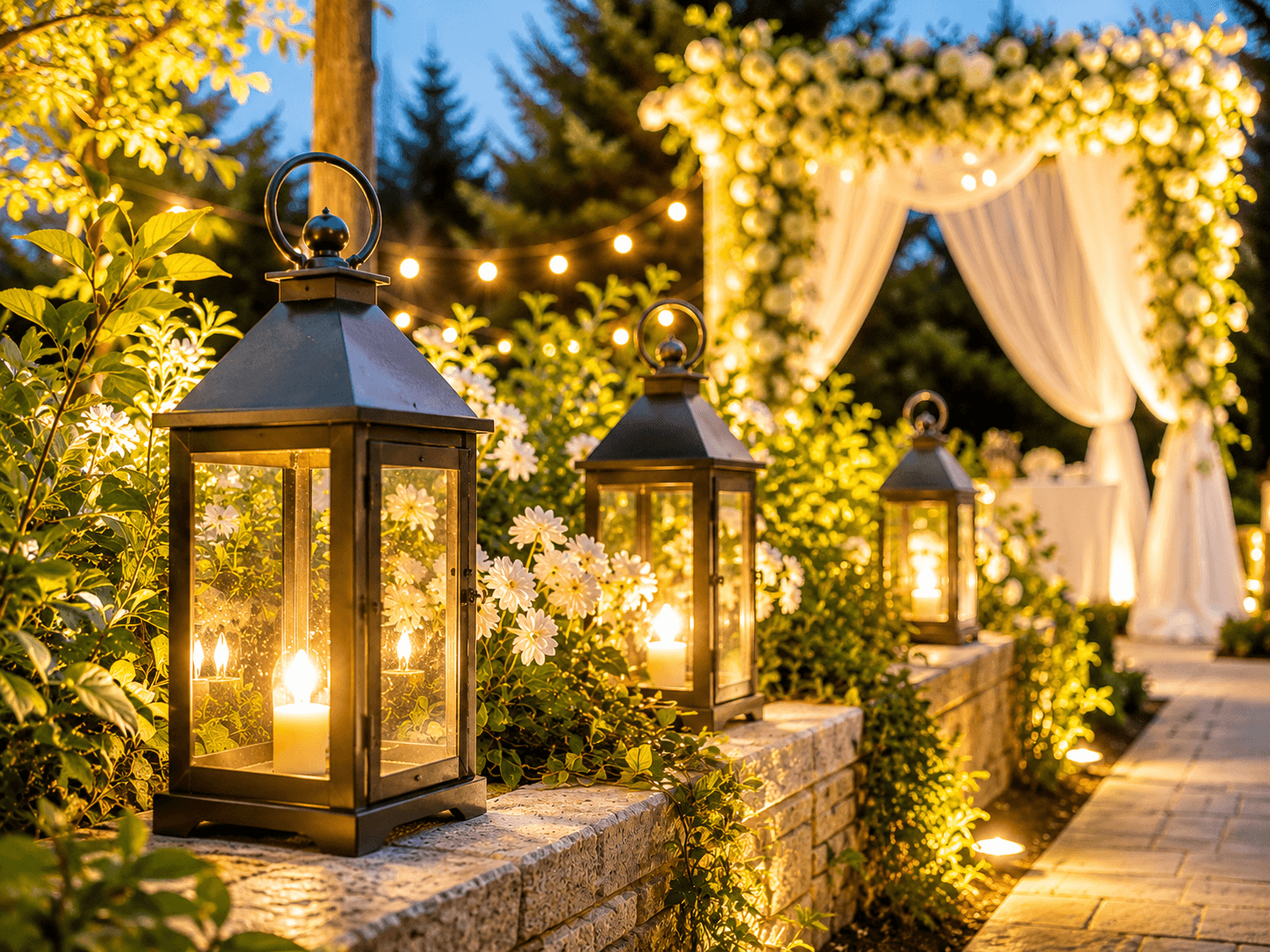 Detail of festoon lighting strung above an outdoor dinner table at night