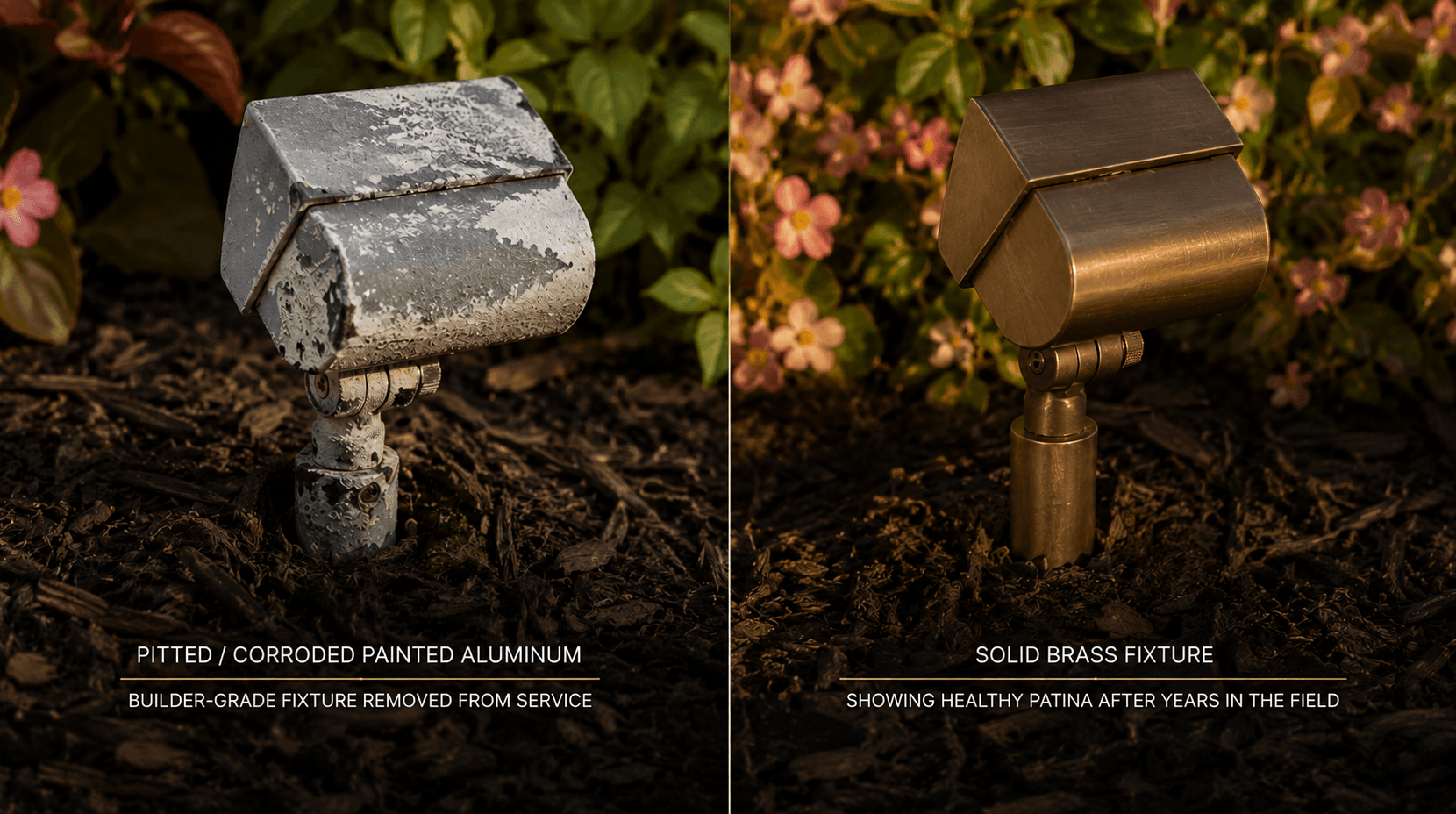 A side-by-side comparison of a corroded builder-grade fixture and a properly patinated solid-brass fixture