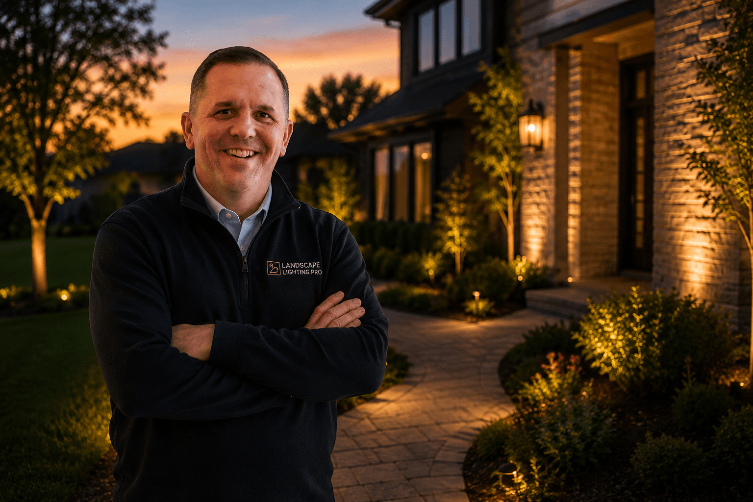 The studio at work, designer with a lighting plan walking a property at dusk