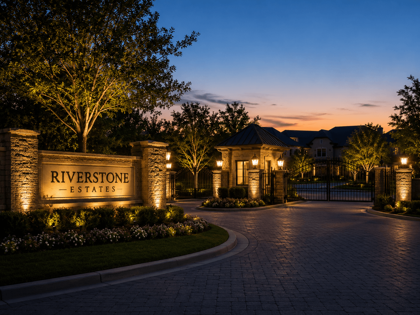 A residential community entrance with restrained, designed lighting at dusk