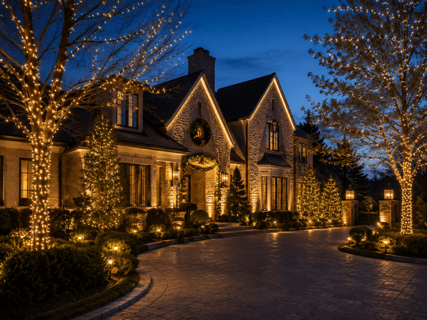 A residential rooftop and tree canopy lit with warm holiday lighting at dusk