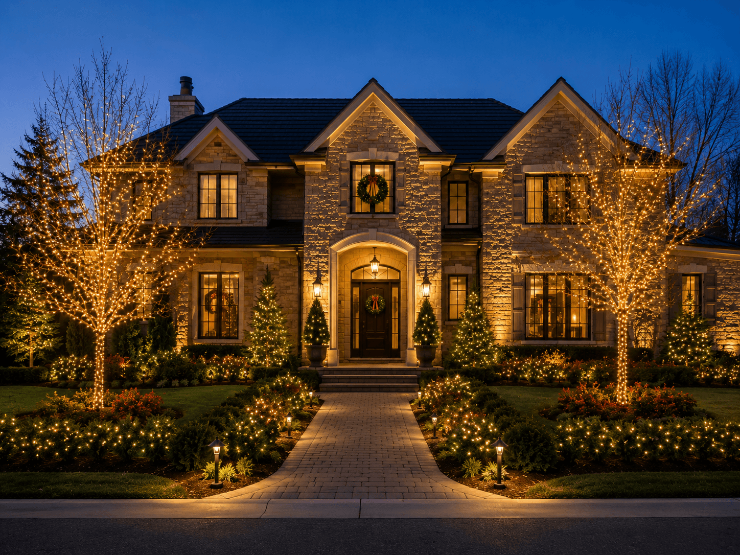 Close detail of warm holiday lighting integrated with permanent architectural accent lighting