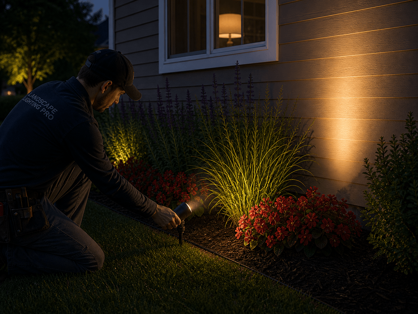 A technician aiming and tuning a fixture at dusk, headlamp visible