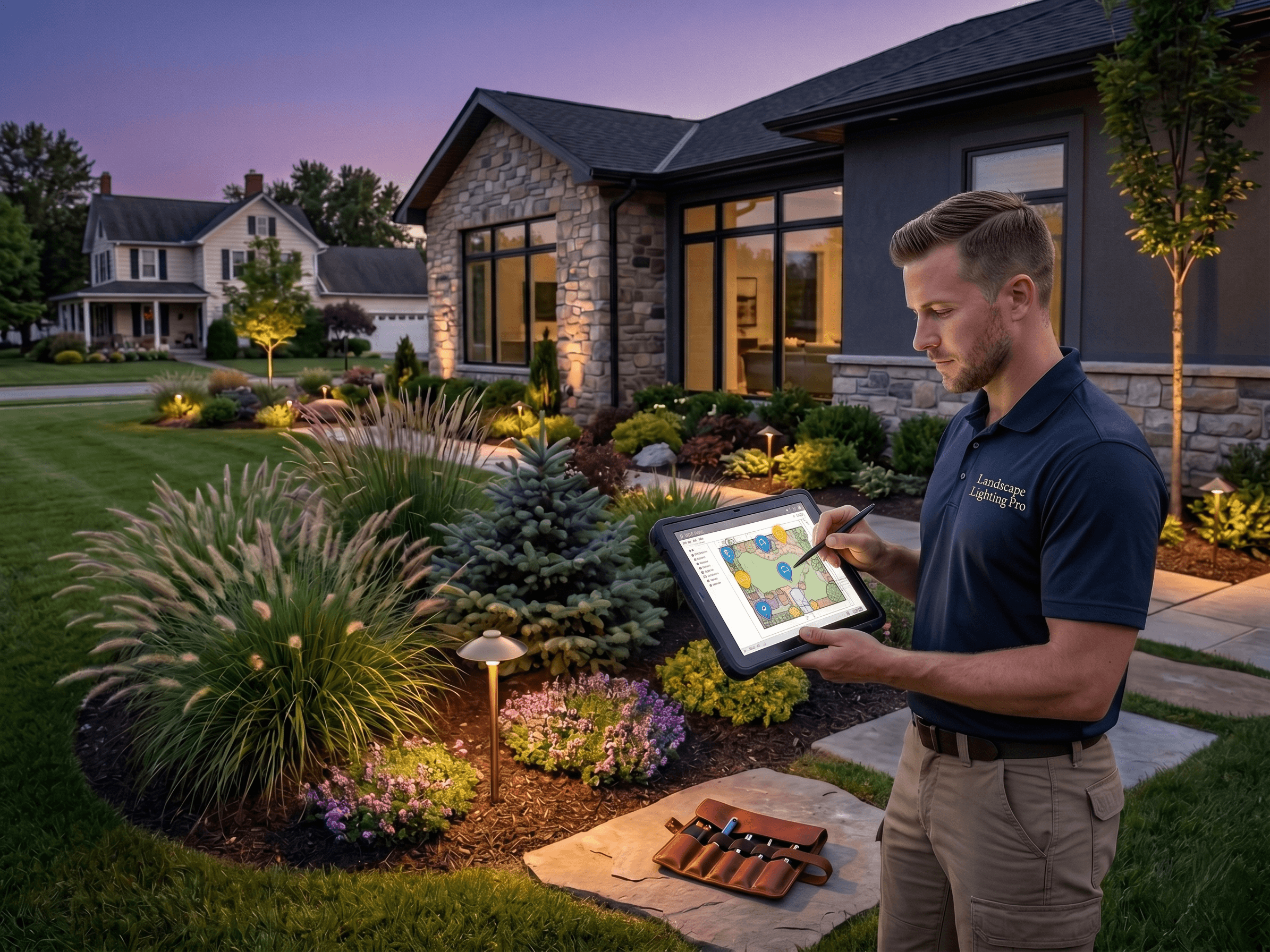 A lighting installer sketching a drawn lighting plan beside a softly lit garden bed at dusk