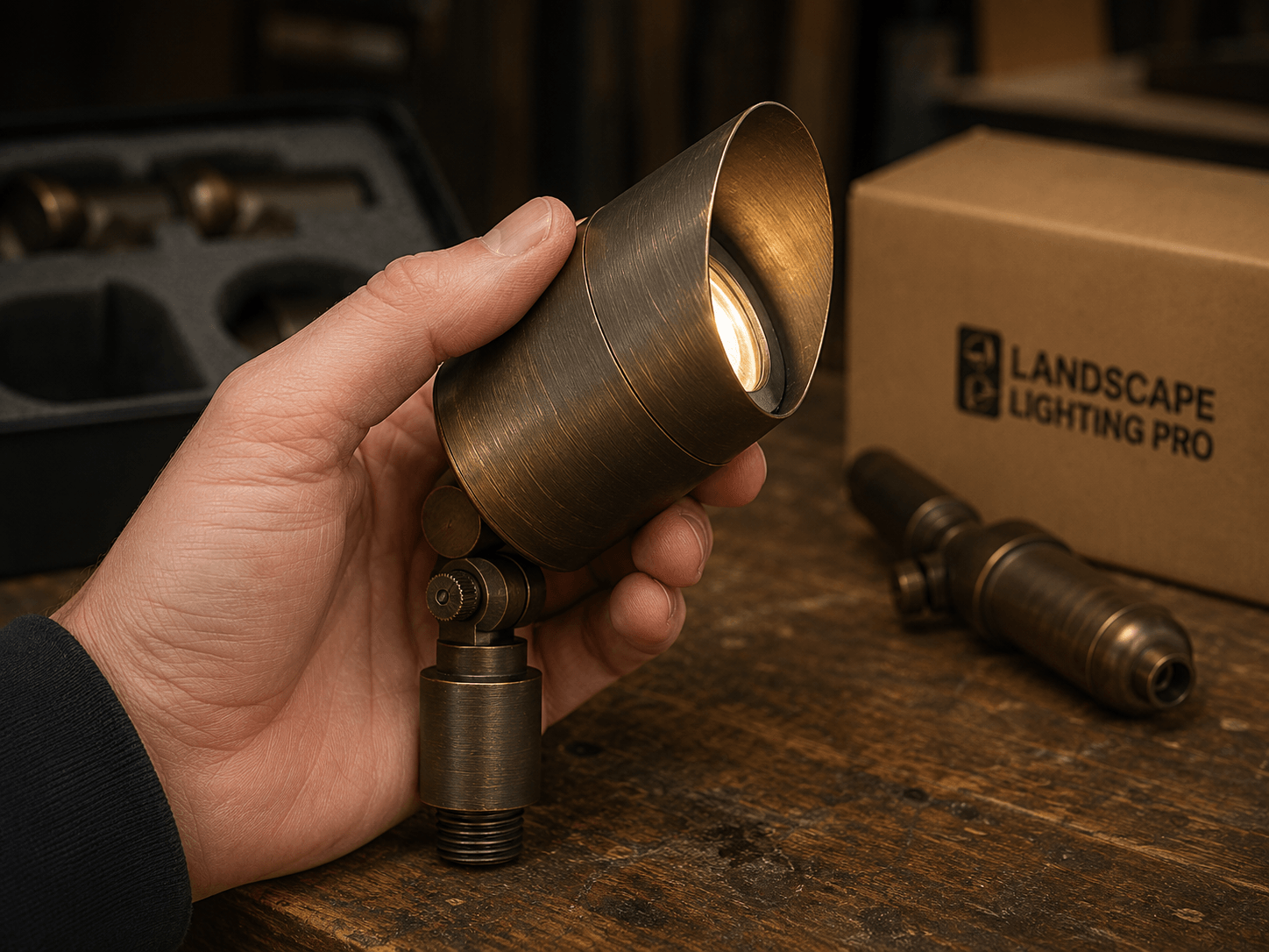 A solid brass landscape lighting fixture in hand, showing fit and finish