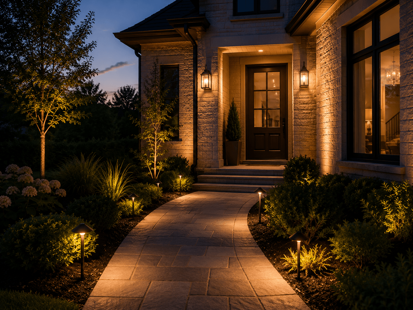 A well-lit home entry with shielded path lights and warm doorway wash