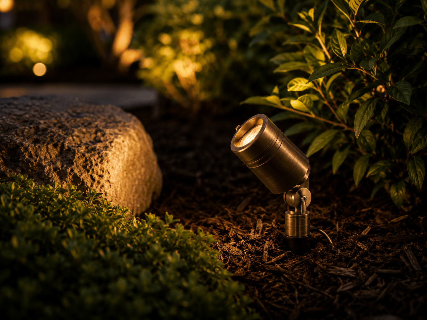 A solid brass low-voltage path light installed in a garden bed