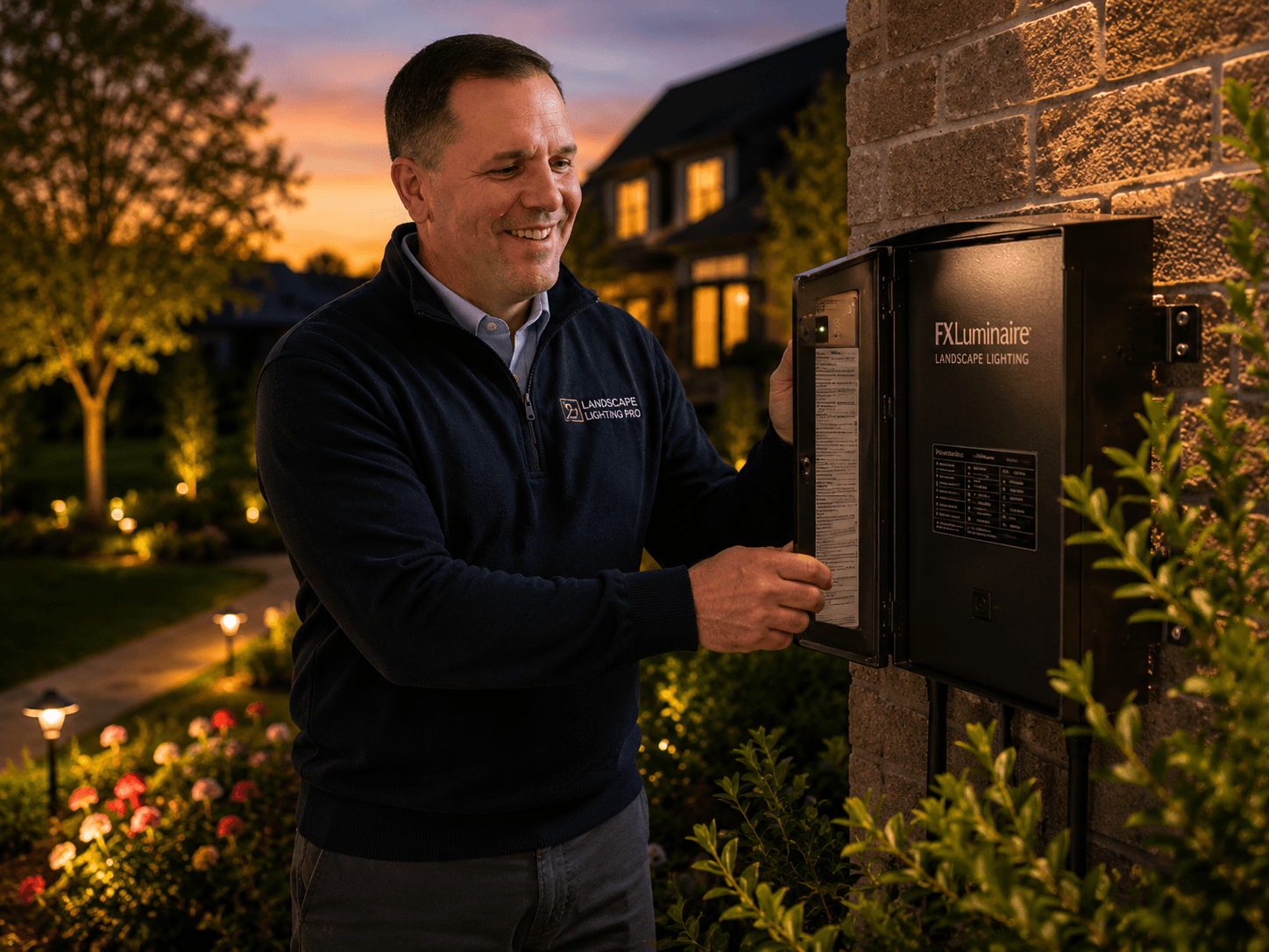 Close-up of a transformer being checked and adjusted on an existing landscape lighting system