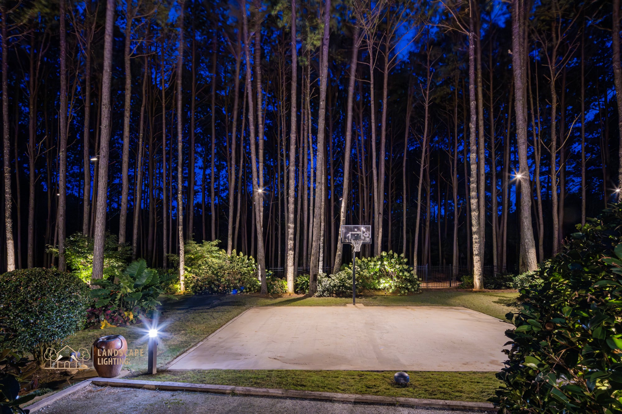 A composed nighttime view across the backyard, with shielded path light at grade