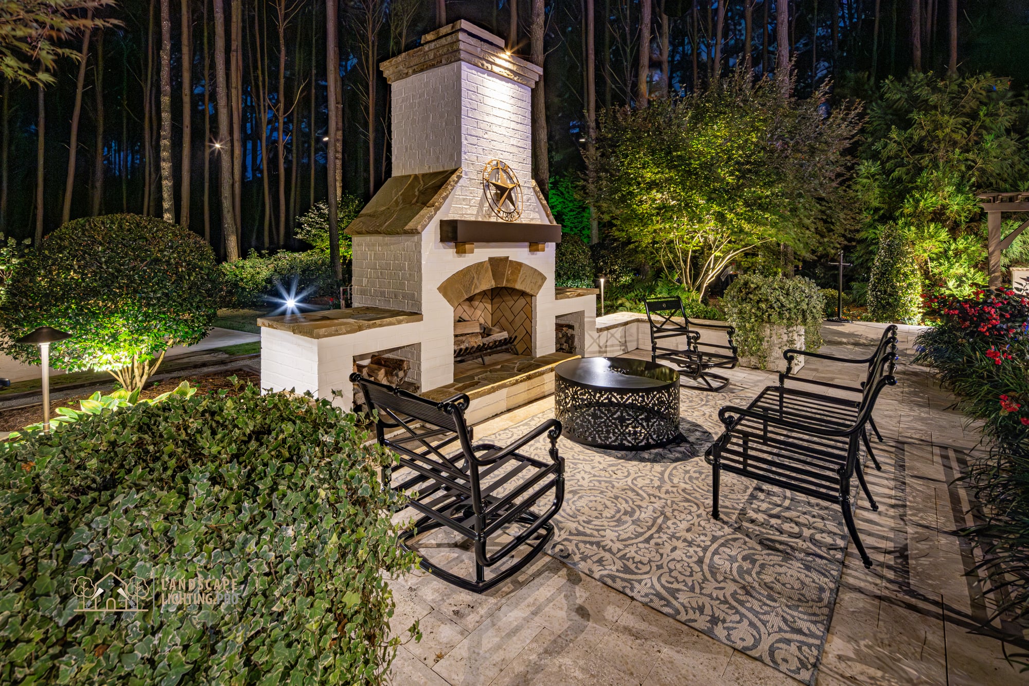 Evening view of the manicured garden composition with deep planting beds