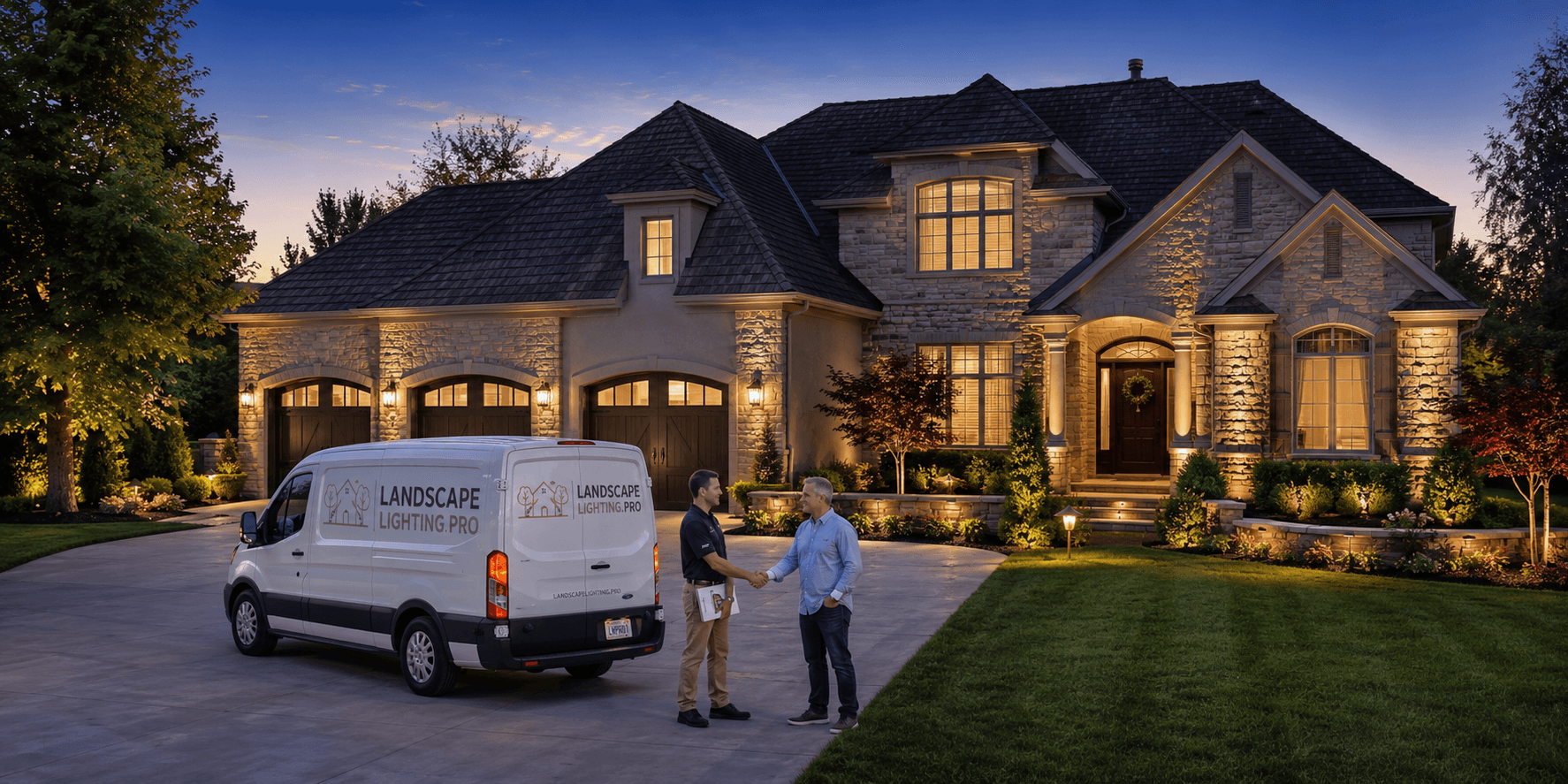 A Landscape Lighting Pro van at a warmly lit home as a technician greets the homeowner